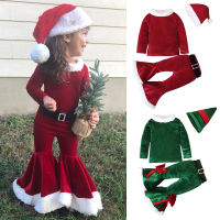 Childrens Christmas Clothing Suit Boys And Girls Long-Sleeved Shirt Bell Bottoms Pants Hat Three-Piece Kids Holiday Costume