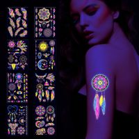 【YF】 Fluorescent Bronzing Waterproof Temporary Tattoos Feather Dreamcatcher Totem Party Fashion Arm Neon Stickers Wholesale