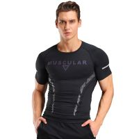 Men Muscle T shirts Sport Compression Tees Summer Thin Gym Short Sleeve Tight Prints Male Jogging Tracksuit Running Shirts