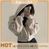 hanshi [2023 new HOT FASHION] lazlook เสื้อโค้ทผู้หญิงมีฮู้ดสีพื้นมีซิปสำหรับฤดูใบไม้ร่วงฤดูหนาว