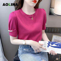 AOLINA เสื้อยืดแขนสั้นมีฟองสไตล์ฝรั่งเศสสำหรับผู้หญิง,เสื้อยืดสีแดงสดดีไซน์ใหม่ฤดูร้อน2023