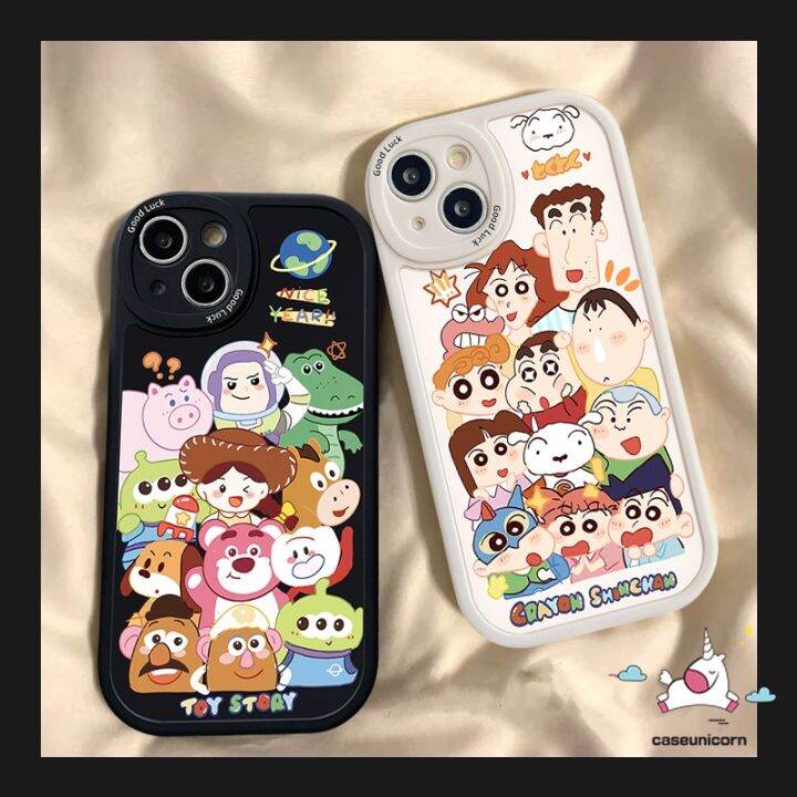 เคสคู่รักลายกราฟฟิตีการ์ตูนทอยสตอรี่น่ารักเข้ากันได้กับ-iphone-11-14-13-12-pro-max-7plus-xr-7-6-8-6s-plus-x-xs-max-se-2020เคส-tpu-นุ่มกันกระแทกสีเทียนตลก-shin-chan