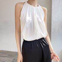 Spot New Real Silk Hanging Neck Camisole Female Casual Loose Vest Solid Color Satin Wild Wearing Western