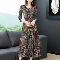 COD DSFGRDGHHHHH PiggyG-Womens Printed Dress Summer New Popular Long Skirt Seven Sleeve Waist Spring and Autumn Bottom Skirt