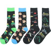 ♘ HAPPY SOCKS Fashion Men Socks Cotton Min-High Compression Sock Street Wear Funny Stool Bicycle Pizza Basketball Pattern Harajuku