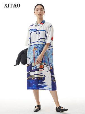XITAO Dress Fashion Single Breast Goddess Fan Casual Print Shirt Dress
