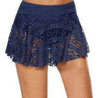 Women Crochet Lace Bikini Bottom Swim Skirt Lining Brief Mesh Swimsuit Skort