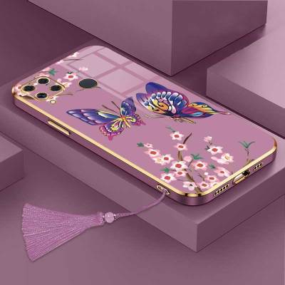 เคสสำหรับ Realme C15ผีเสื้อสุดหรูพร้อมกล้องดอกไม้เคสโทรศัพท์ขอบซิลิโคนนิ่มฟรีสายคล้องปกป้องโทรศัพท์ขอบชุบ