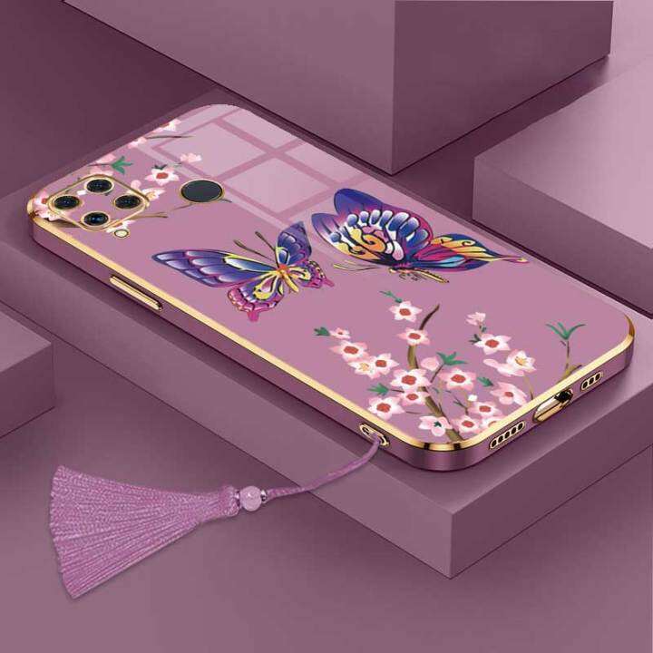 เคสสำหรับ-realme-c15ผีเสื้อสุดหรูพร้อมกล้องดอกไม้เคสโทรศัพท์ขอบซิลิโคนนิ่มฟรีสายคล้องปกป้องโทรศัพท์ขอบชุบ