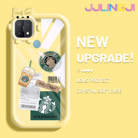 Jjlingji เคสสำหรับ OPPO A15 A35 A15s 4G เคสแฟชั่นแบรนด์กาแฟแพตเตอร์สีสันสดใสน่ารักเล็กๆกล้องมอนสเตอร์นิ่มสำหรับเลนส์กันกระแทกแบบใสเคสมือถือเคสความคิดสร้างสรรค์โปร่งใสเรียบง่ายฝาครอบป้องกันซิลิโคน