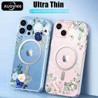 AUOVIEE เคสโทรศัพท์แบบใสกันกระแทกสีด้านลายดอกไม้สำหรับเคสชาร์จไร้สายแม่เหล็ก Magsafe สำหรับ iPhone 14 13 12 11 Pro Max ฝาครอบโทรศัพท์นิ่มลายดอกไม้