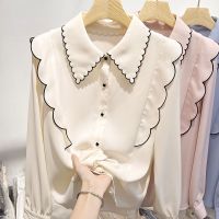 【มีไซส์ใหญ่】Plus Size L-5XL Womens Long Sleeved Turn Down Collar Chiffon Blouses Ladies Office-wear A-line Elegant Female Tops