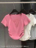 ┅✗✁ Small square collar collarbone t-shirt womens top summer irregular waist shirring ins pure desire front shoulder short-sleeved T-shirt