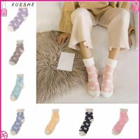 XUESHE Fluffy Thickening Winter Warm Sleep Bed Sock Medium sock Heart Pattern Plush Sox Coral velvet socks