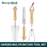 Berry&amp;Bird พลั่วมือชุดกดสิวอเนกประสงค์ + 5-In-1เกรียงกำจัดวัชพืชมือหลายแบบ + ที่คีบสามคราดมือสแตนเลสมีด้ามจับไม้อุปกรณ์ทำมือทำสวน