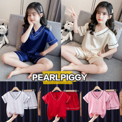 PearlPiggy V-neck Solid Color Childrens Pajamas Summer Ice Silk Short-sleeved Thin Baby Boys and Girls Air-conditioning Suits, Big Childrens Home Service Suits