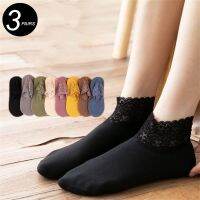 3 Pairs Lace Trim Warm Socks Women Winter Autumn Mid Tube Thick Velvet Socks Girls Silicone Non Slip Floor Calcetines Socks Tights