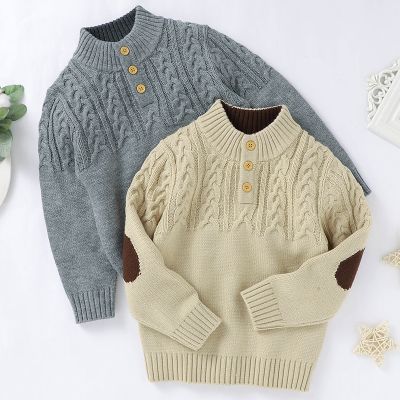 Baby Girls Boys Knitting Pullover Long Sleeved Autumn Winter Boys Standing Collar Patch Sweater Pullovers Baby Boys Clothes