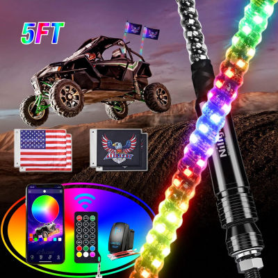 Nilight 2PCS 5FT RGB LED Whip Light, Remote &amp; App Control w/DIY Chasing Patterns Stop Turn Reverse Light Safety Antenna Lighted Whips for ATV UTV Polaris RZR Can-am Dune Buggy Jeep, 2 Year Warranty 5FT -2PCS