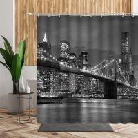 New York Night View View Bath Curtain สะพานโมเดิร์นเมืองสถาปัตยกรรมม่านอาบน้ำ 3D วินเทจสีดำและสีขาวภาพตกแต่งห้องน้ำชุด 180 * 180 ซม