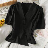 Spring 2022 French Ladies irregular V-neck blouse short style waist bubble sleeve