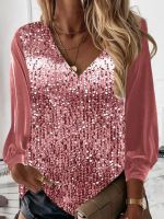 ▬  Women Sequins Blouse V Neck shirts 2023 Lady Spring Long sleeve Tops Pullovers Female Casual O neck Tshirts plus size S-3XL