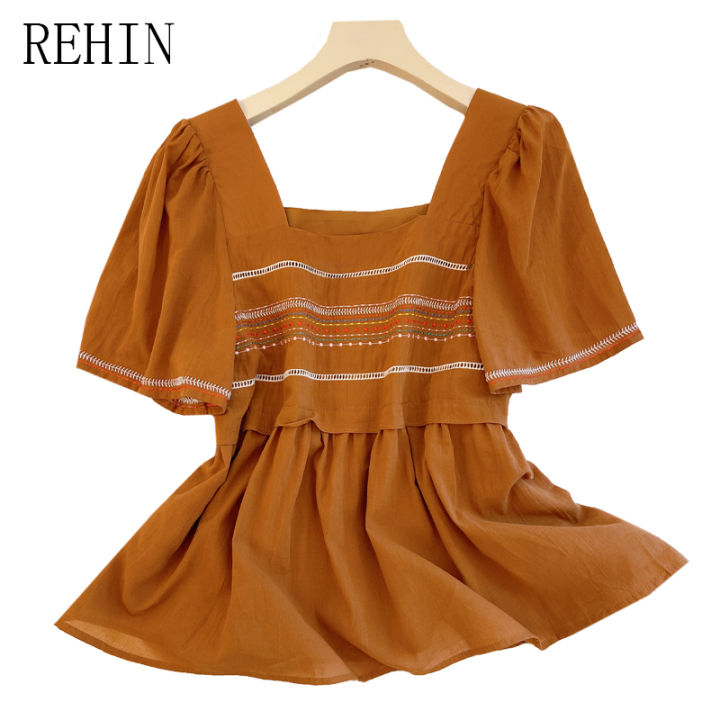 rehin-เสื้อเชิ๊ตผู้หญิง-เสื้อเชิ๊ตแขนพองคอสี่เหลี่ยมสไตล์ฝรั่งเศสเสื้ออินเทรนด์เสื้อชีฟองดีไซน์ใหม่สัมผัสไม่เหมือนใครสำหรับ2023ฤดูร้อน