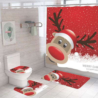 Santa Christmas Print Toilet Bathroom Mat and Shower Curtain Four-Piece Set Christmas Holiday Party Home Decoration Decor