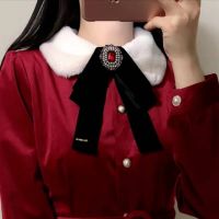 Autumn And Winter Velvet Bow Tie Korean Guest Single Color Gemstone Rhinestone Collar Pin Bowknot Shirt Collar Flower Pin Brooch For Women