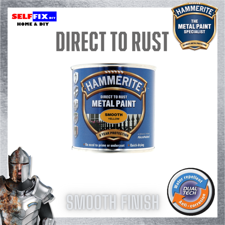 Hammerite Yellow Metal Paint Smooth Finish 250ml Direct to Rust No Primer / Undercoat