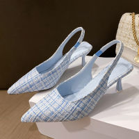 Hot ยี่ห้อ Designer Slingbacks รองเท้าส้นสูงปั๊มผู้หญิง Blue Pointed Toe Party รองเท้าผู้หญิง2023ฤดูร้อนรองเท้าส้นสูงสุภาพสตรี