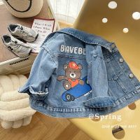 2023 Korean Spring Autumn Infant Boy Jacket Cotton Denim Printed Cartoon Bear Letter Coat Open Stitch Long Sleeve Toddler Outfit