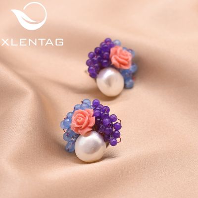 XlentAg Natural Fresh Water Pearl Stud Earrings For Women Flower Purple Blue Beads Handmade 925 Silver Earrings Jewelry GE0415