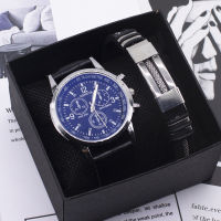 2pcs Mens Watch Bracelet Set with Black Box Fashion Leather Analog Quartz Wristwatches Business Gifts Set For Men Drop Shipping