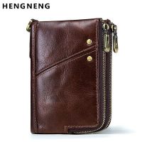 ZZOOI Vintage Man Wallet Rfid Small Purse Cow Leather Mini Purse Male Short Wallet Double Zipper Coin Purses Men Wallet Card Holder