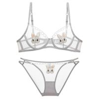 Women Sexy Lingerie Transparent Sheer Bra Cartoon Rabbit Lace Mesh Bra Underwire Ultra Thin Bralette See Through Pink Panty Sets