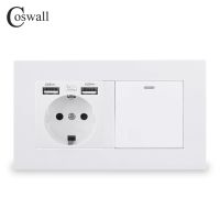 ▥✵☜ COSWALL EU Standard Wall Socket Grounded With 2 USB Charge Port Hidden Soft LED 1 Gang 1 Way On / Off Light Switch PC Panel