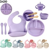 Silicone Baby Plates Spoons Forks Bib Bowls Dish Cup Child Feeding Suction Kids Toddler Eating Tableware Dinnerware Non-slip Set Bowl Fork Spoon Sets