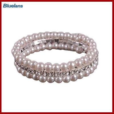 Bluelans®แฟชั่นของผู้หญิงสีขาวไข่มุกจำลอง Rhinestone กำไลยืดได้สร้อยข้อมือ