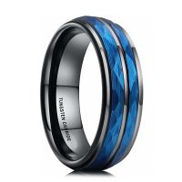 【CW】 6MM Mens Blue Hammered Tungsten Carbide Ring With Polished Stepped Edges Multi Faceted Men Engagement Ring Anniversary Gifts