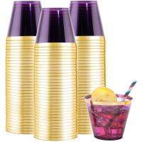 【CW】✎  Plastic Cup 9 oz Hard Disposable Wine Wedding Gold Rim Transparent Mousse