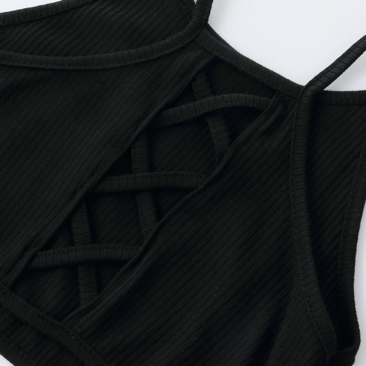 2023เสื้อครอปแขนกุดเซ็กซี่สำหรับผู้หญิงเสื้อยืดแฟชั่นมีเชือกผูกสีดำสำหรับเสื้อเกาะอกสตรีฤดูร้อน
