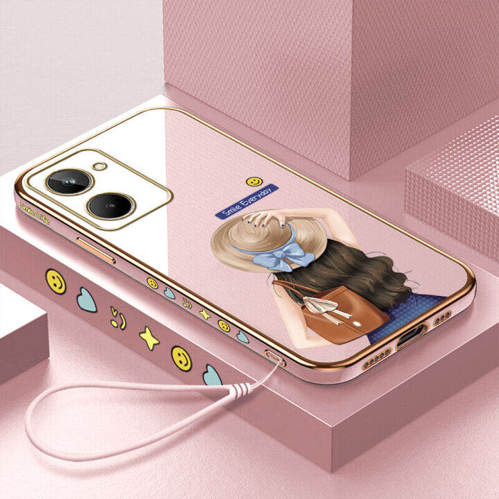 คลังสินค้าพร้อม-เคสเคสมือถือสำหรับ-realme-10มีสายคล้อง-หมวกการ์ตูนเด็กผู้หญิงขอบสี่เหลี่ยมชุบชุบเคลือบผิวแบบนิ่มฝาหลัง