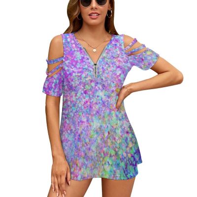 Bling Sequins Print T Shirts Rainbow Glitter Street Style V Neck T-Shirt Kawaii Short Sleeve Oversize Tee Shirt Women Clothing