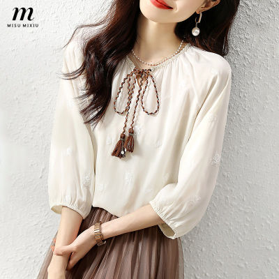 MISUMIXIU 2022 autumn new elegant embroidered bohemian blouse Women 3/4 Sleeve Tosp