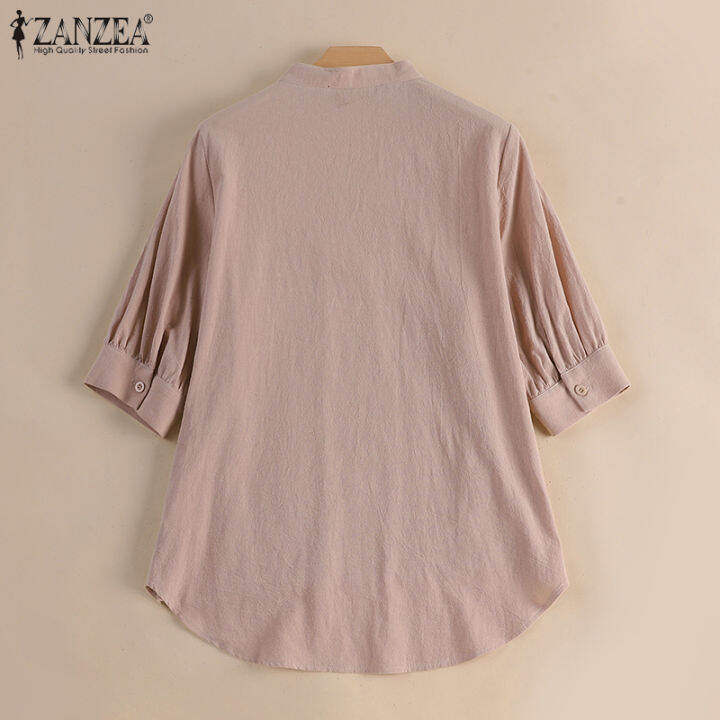 สินค้ามาใหม่-จัดส่งฟรี-fancystyle-zanzea-ชุดทำงานผ้าฝ้ายแขนสั้นเสื้อต่ำสูง-8สำหรับผู้หญิงเสื้อคอวีเป็นทางการ