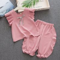 Ready Stock Cheap Korean Version Summer Baby Girl Clothing Flying Sleeve Bow Suit Sleeveless Childrens Top Pants 2-Piece Set Fashion Shirt Loose Thin Style Wester