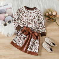 【Forever CY Baby】Kid Girl Spring Clothes Set, Leopard Print Long Sleeve Round Neck Pullover + Mini Skirt With Bowknot Belt