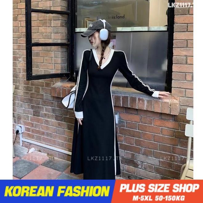 plus-size-เสื้อผ้าสาวอวบ-เดรสสาวอวบอ้วน-ไซส์ใหญ่-ผู้หญิง-ทรงหลวม-แขนยาว-คอวี-ฤดูใบไม้ร่วง-สไตล์เกาหลีแฟชั่น
