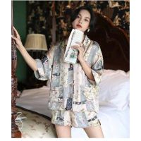 COD DSFWEWWWWW Women Silk Pajamas Womens Thin Casual Short-Sleeved Sleepwear Nightwear Leisure luxury Can Wear Sleep Pant